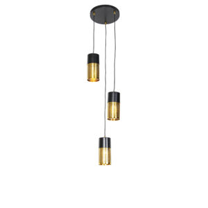Industriálne závesné svietidlo čierne so zlatým okrúhlym 3-svetlom - Raspi