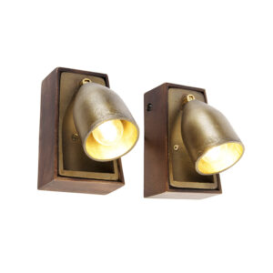 Sada 2 industriálnych nástenných svietidiel mosadz s drevom - Brent