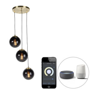 Smart hanglamp messing met zwarte glas 3-lichts incl. Wifi ST64 - Pallon