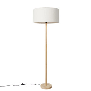 Landelijke vloerlamp hout met boucle kap wit - Mels